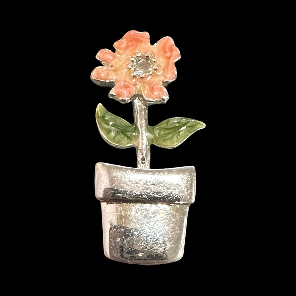 Silver Flower Pot Brooch with Pink and Green Accents